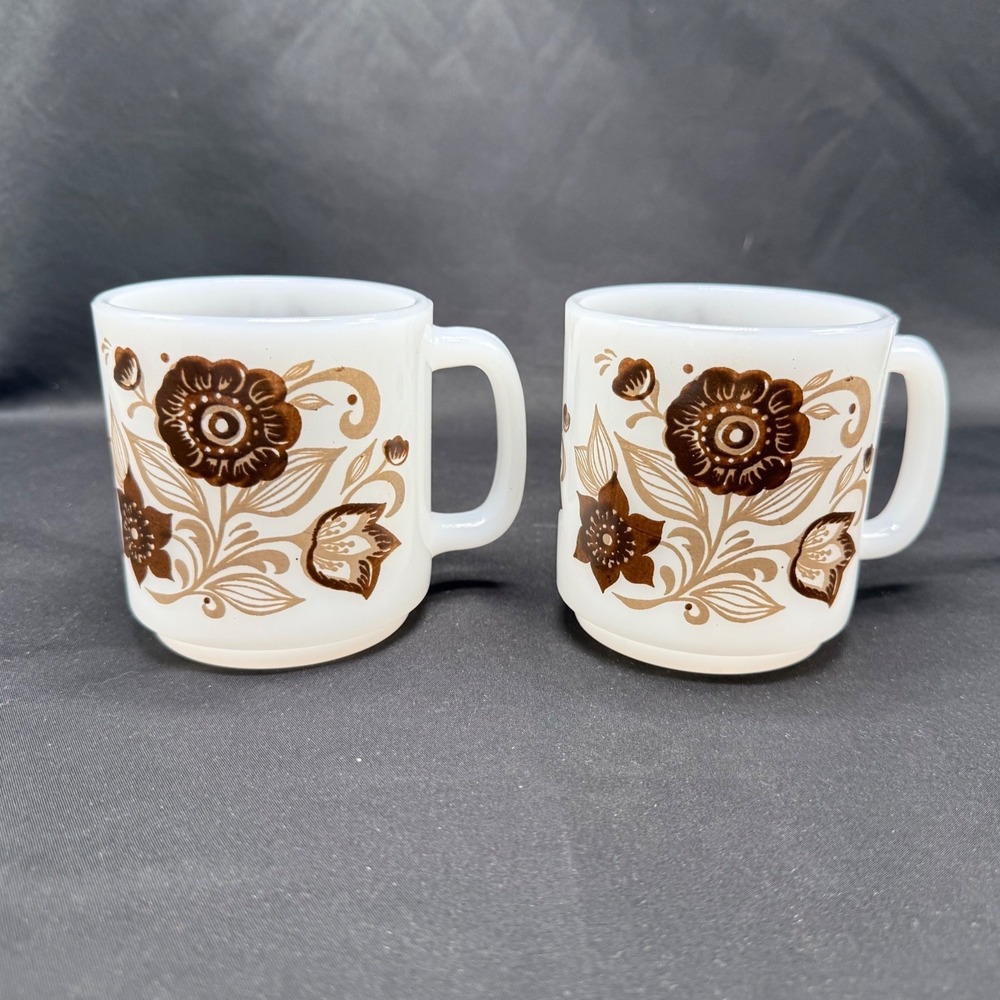 Vintage Glasbake Milk Glass Mugs Set of 2 Brown Floral Stackable Coffee Cups